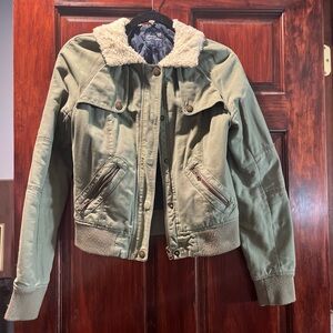 American Eagle Outfitters Olive Bomber Jacket with Shearling Collar